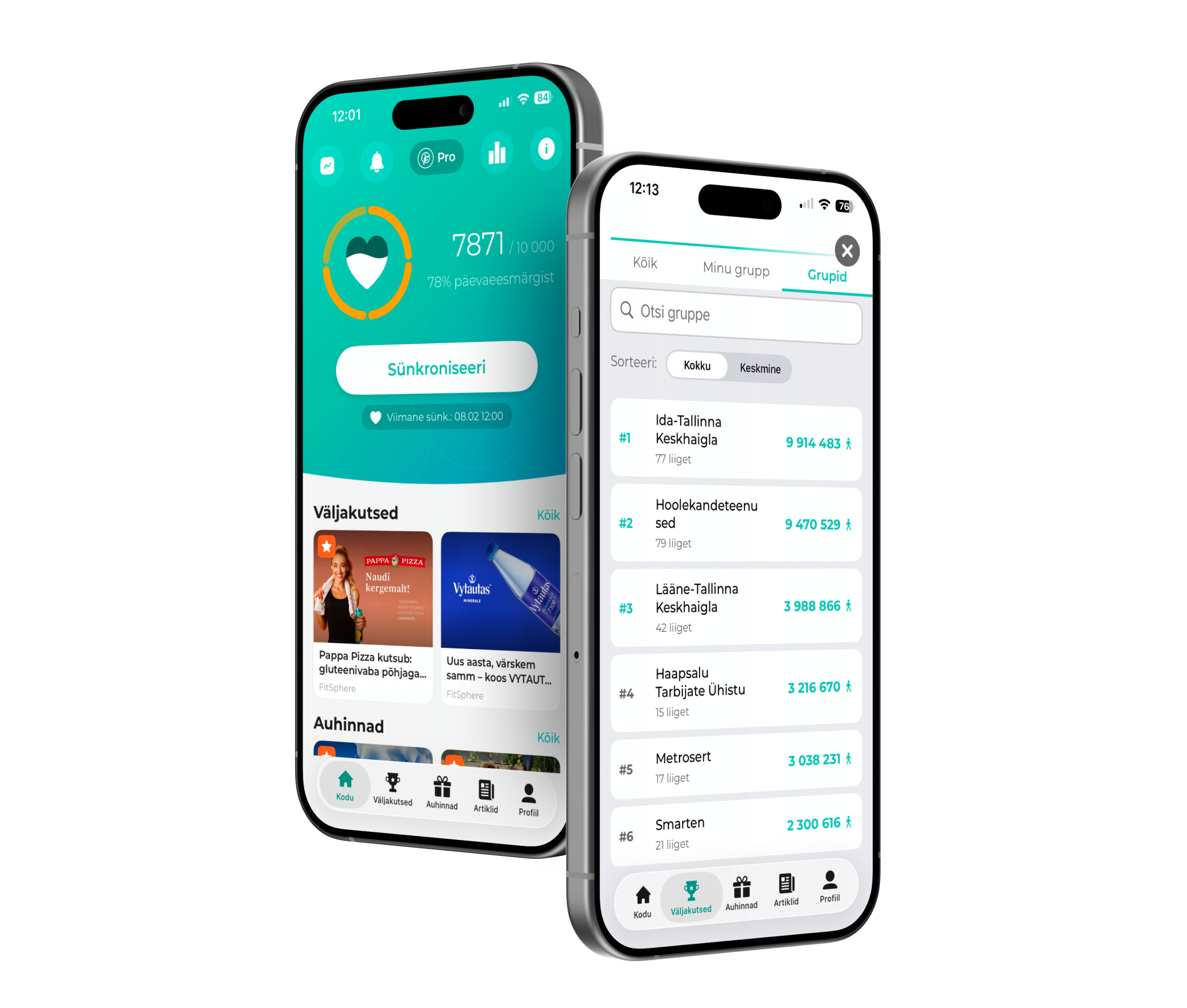 Kaks nutitelefoni FitSphere äpi ekraanidega: avakuva sammude arvestusega ja grupidevaheline edetabel