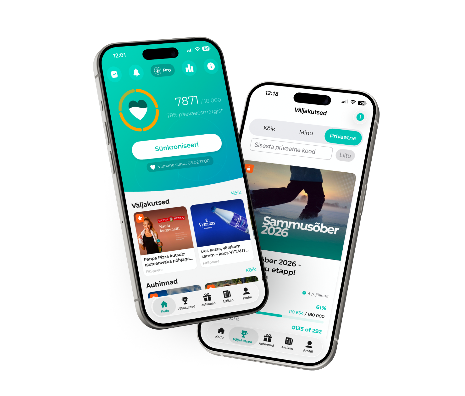 Kaks nutitelefoni FitSphere äpi ekraanidega: avakuva sammude arvestusega ja privaatse väljakutsega liitumise ekraan