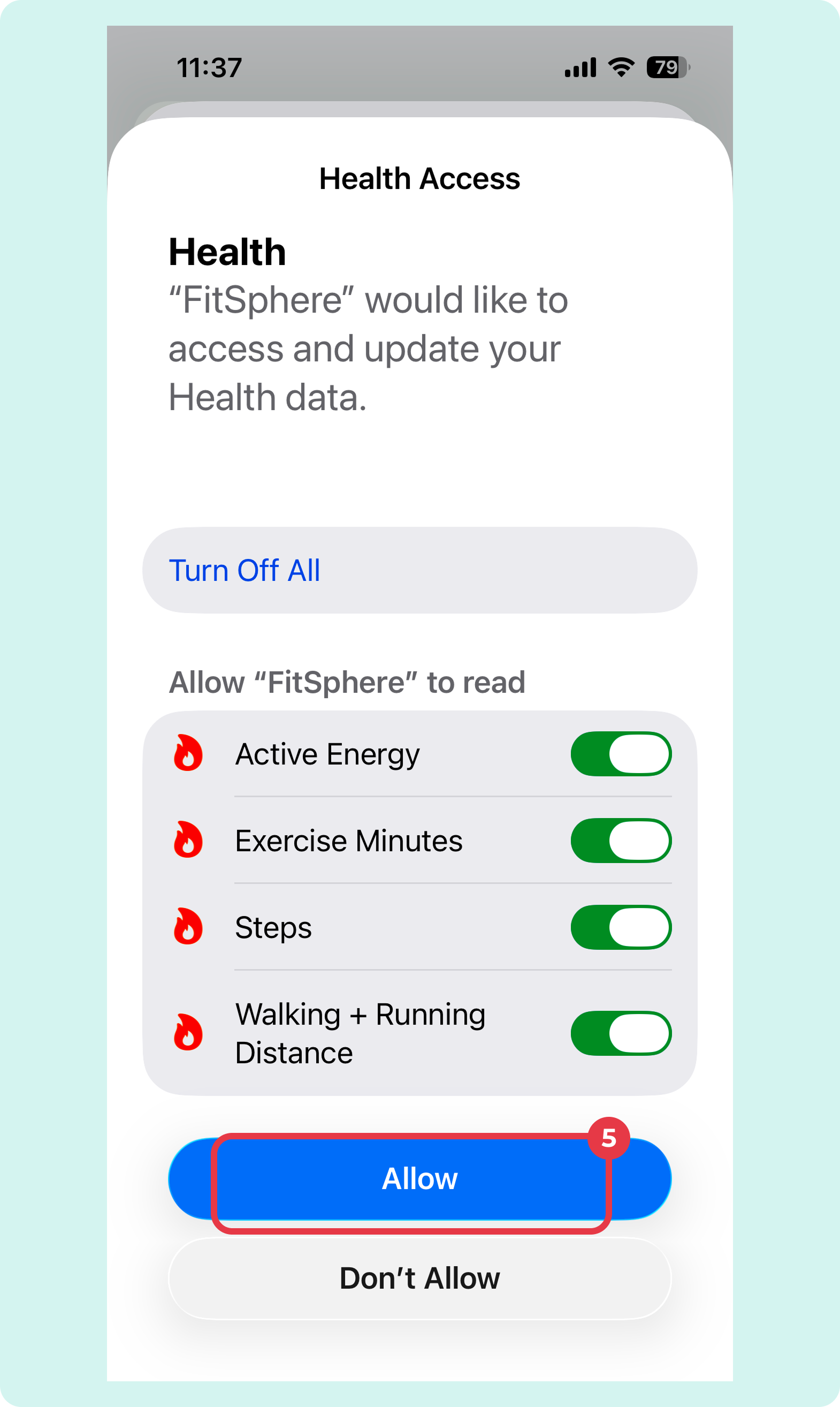 Ekraanipilt: Apple Health loa andmine FitSphere äpile