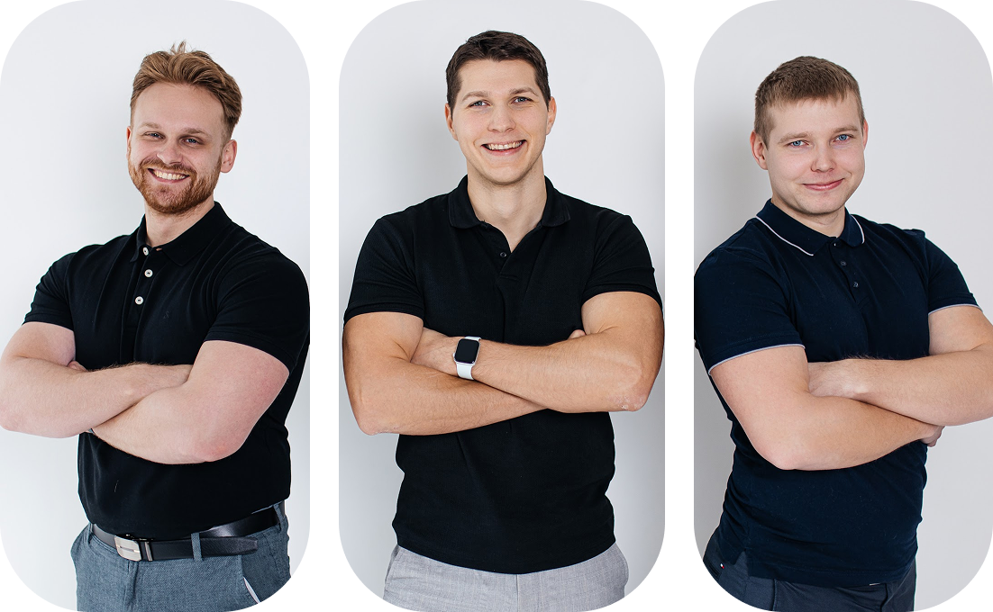 Kolm meest mustades poolkäistega särkides — FitSphere meeskonnaliikmete illustratsioon