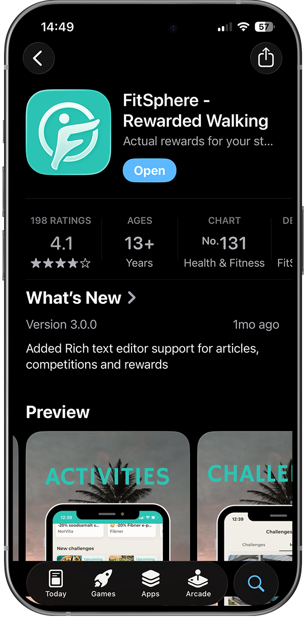 FitSphere äpp App Store'is: rakenduse lehekülg koos hinnangute ja allalaadimise nupuga