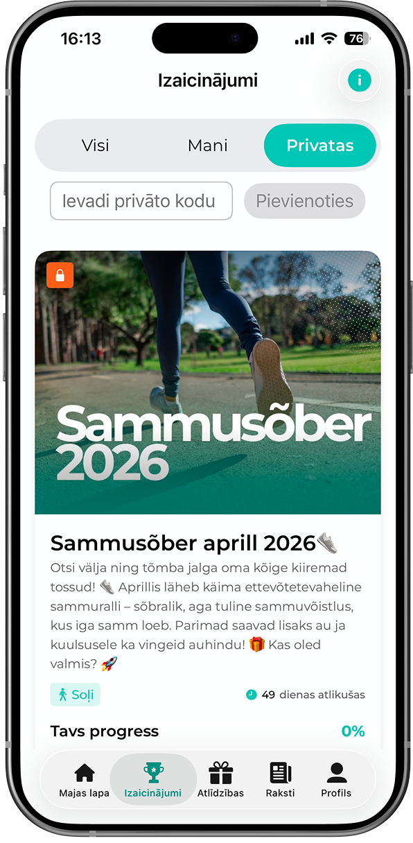FitSphere lietotne: ekrāns, lai pievienotos ar privātu izaicinājuma kodu