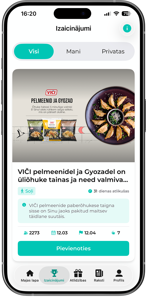 FitSphere lietotne: publisko sacensību saraksts un iespēja piedalīties