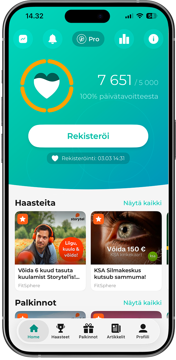 FitSphere äpi avakuva Sünkroniseeri nupuga sammude, minutite ja kalorite arvestuse uuendamiseks