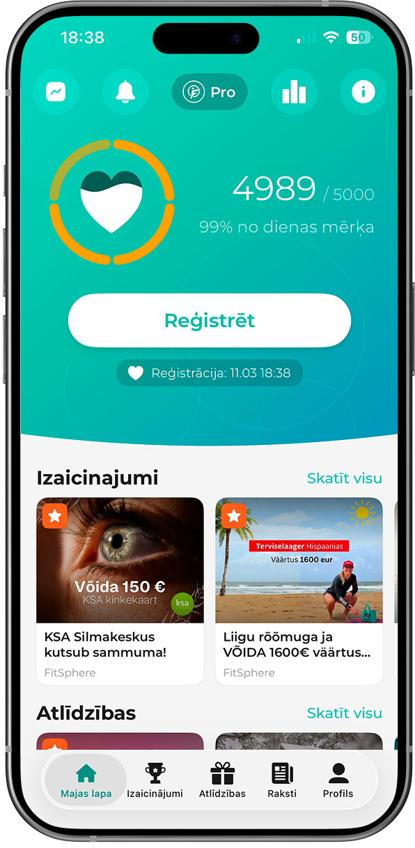 FitSphere lietotnes sākuma ekrāns Izmantojiet sinhronizācijas pogu, lai atjauninātu savu soļu, minūšu un kaloriju skaitu.
