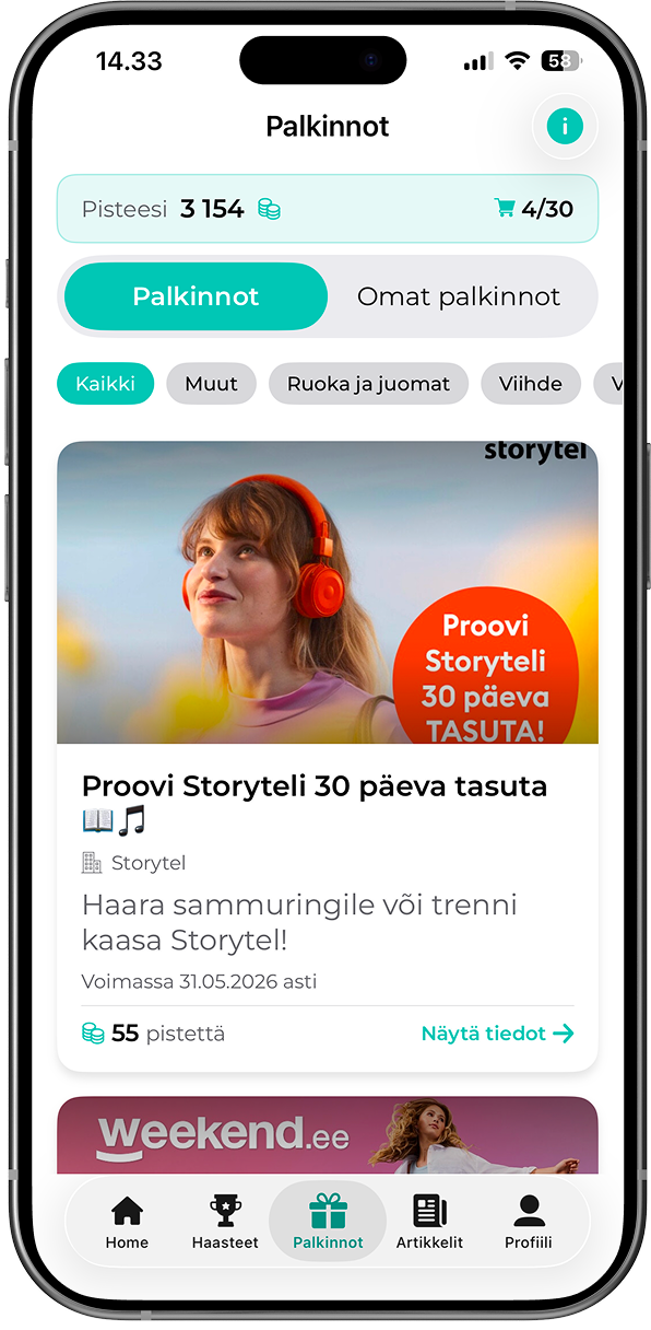 FitSphere äpi auhindade leht, kus saab teenitud punkte pakkumiste vastu vahetada