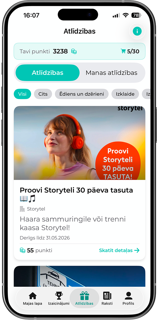 FitSphere lietotnes atlīdzību lapa, kurā var apmainīt nopelnītos punktus pret piedāvājumiem