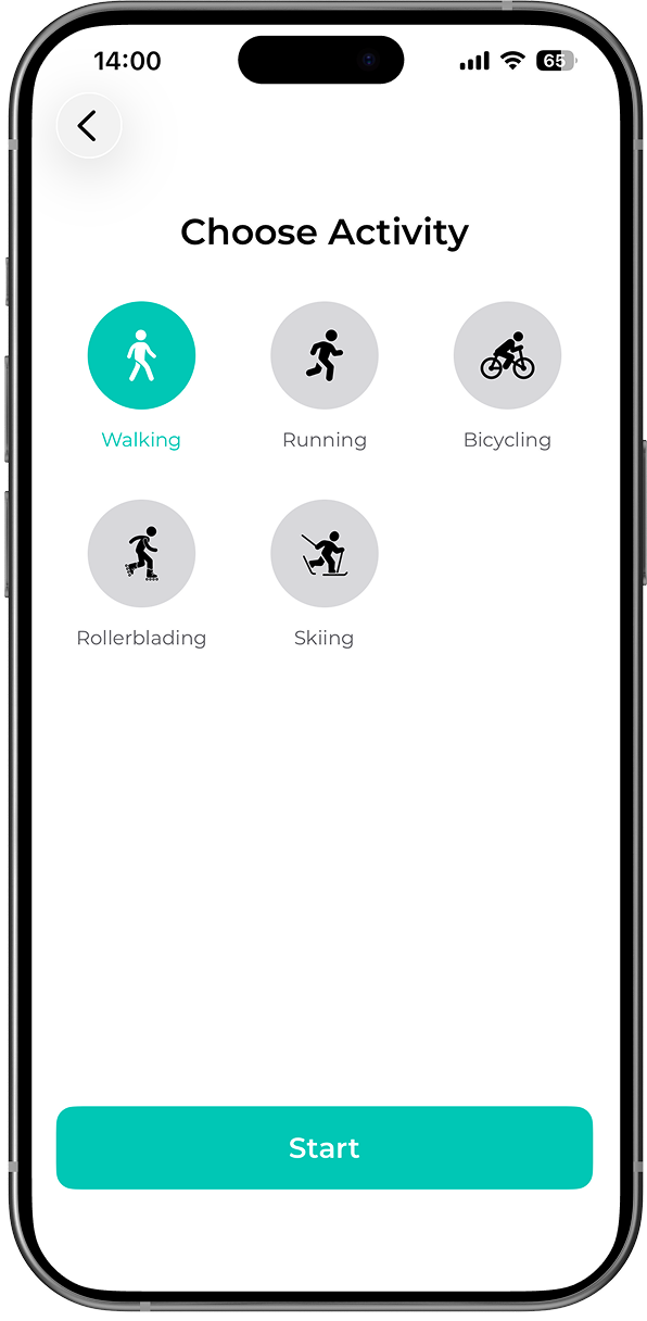FitSphere äpp: aktiivsuse monitoorimise ekraan tegevuse tüübi valiku ja tulemuste jälgimisega