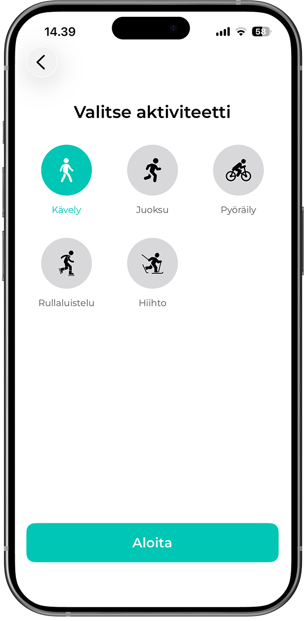 FitSphere äpp: aktiivsuse monitoorimise ekraan tegevuse tüübi valiku ja tulemuste jälgimisega