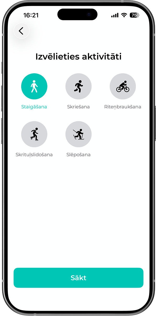 FitSphere lietotne: aktivitāšu uzraudzības ekrāns ar aktivitāšu veida izvēli un rezultātu uzskaiti