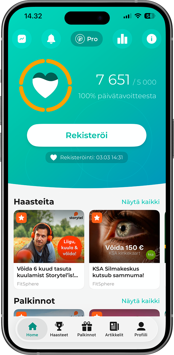 FitSphere äpi avakuva nutitelefonis: sammude arv 7871 kümnest tuhandest, väljakutsed ja auhinnad