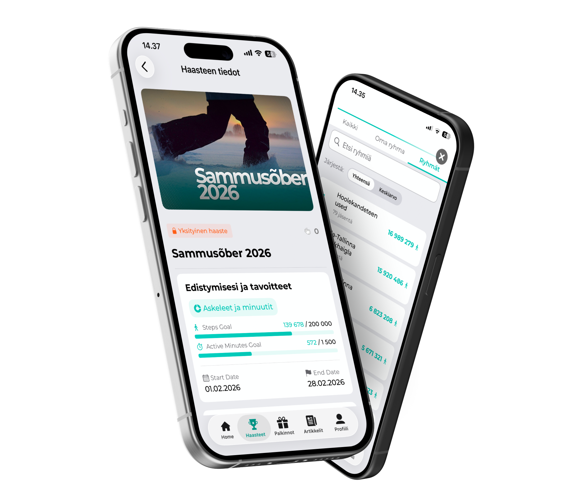 Kaks nutitelefoni FitSphere äpi ekraanidega: väljakutse üksikasjade leht ja grupiedetabel osalejatega