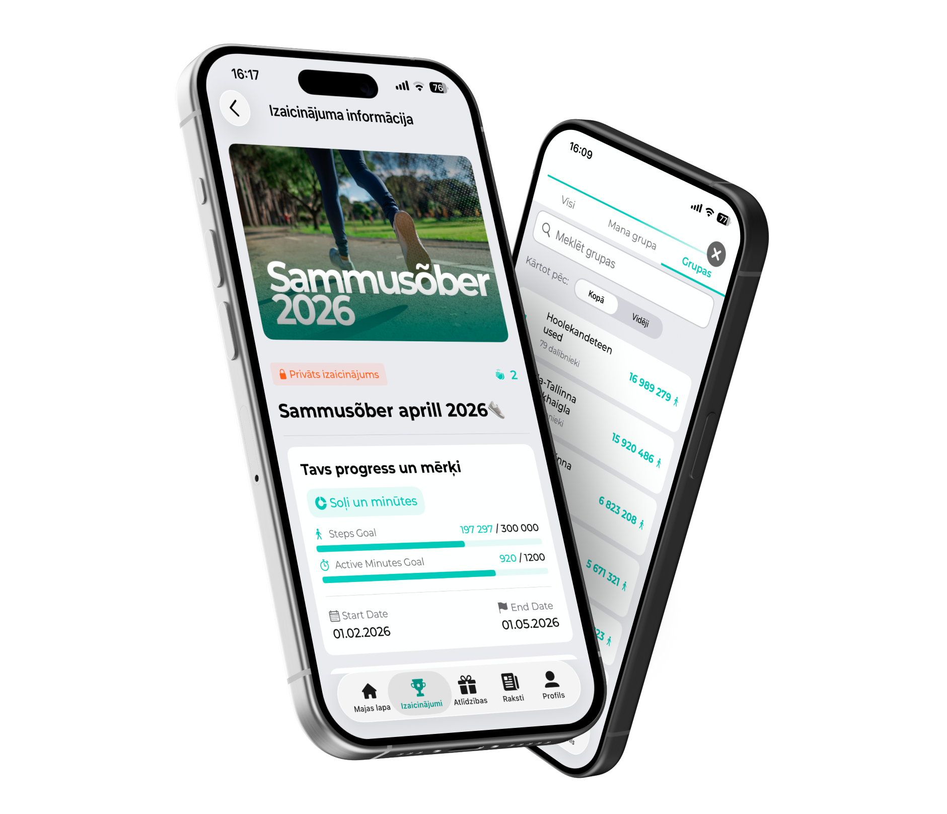 Kaks nutitelefoni FitSphere äpi ekraanidega: väljakutse üksikasjade leht ja grupiedetabel osalejatega