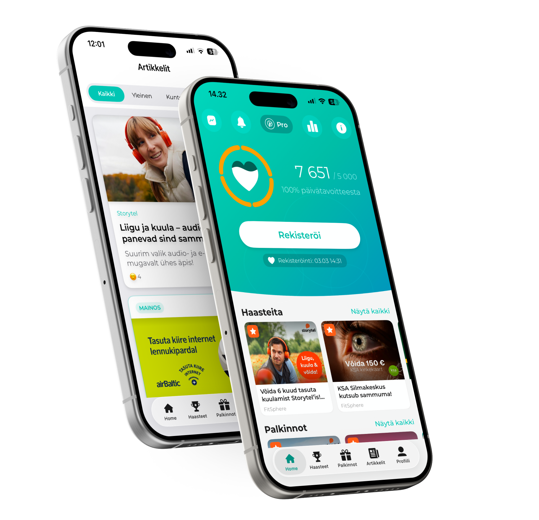 Kaks nutitelefoni FitSphere äpi ekraanidega: artikli leht ja avakuva sammude arvestusega