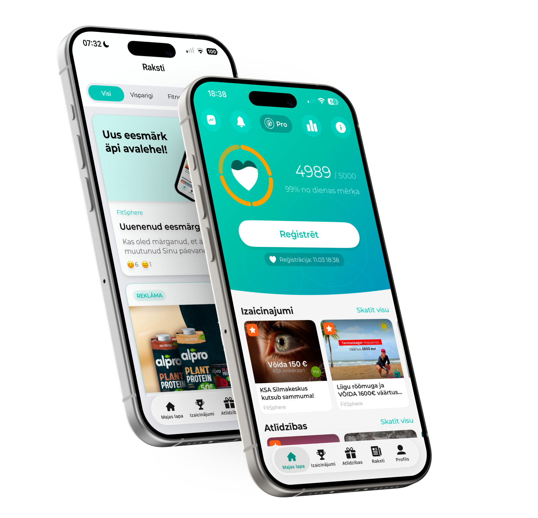 Kaks nutitelefoni FitSphere äpi ekraanidega: artikli leht ja avakuva sammude arvestusega