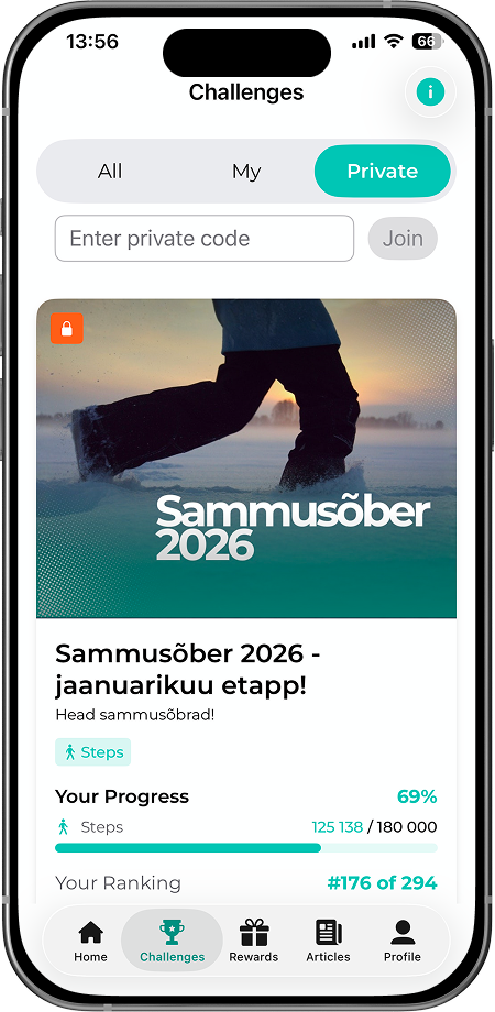 FitSphere äpp nutitelefonis: Sammusõber 2026 väljakutse ekraan privaatse liitumiskoodiga ja sammude edenemisriba