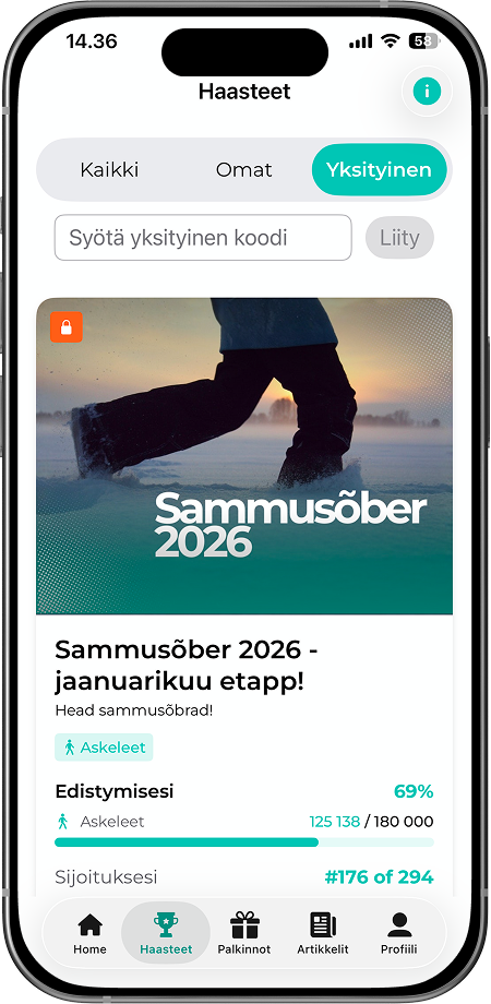 FitSphere äpp nutitelefonis: Sammusõber 2026 väljakutse ekraan privaatse liitumiskoodiga ja sammude edenemisriba