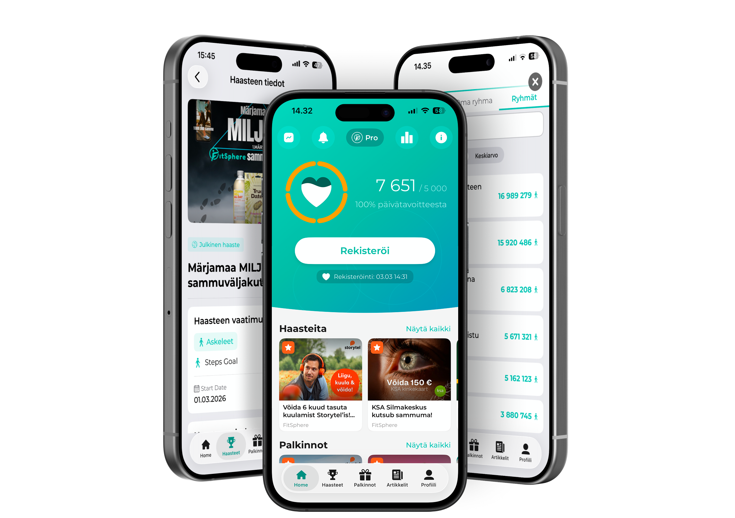 Kolm nutitelefoni FitSphere äpi ekraanidega: väljakutse üksikasjade leht, avakuva sammude arvestusega ja grupp vs grupp edetabel