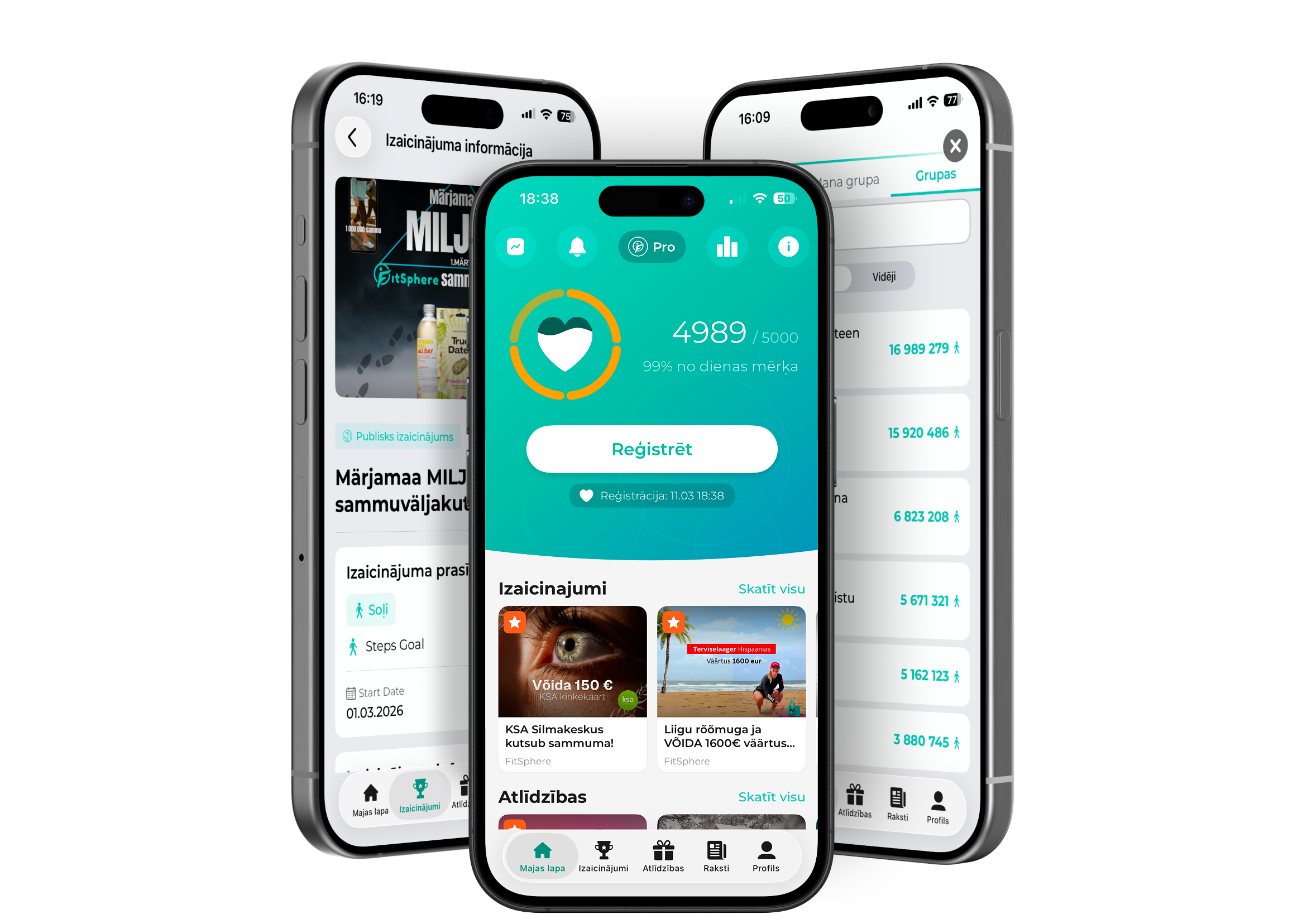 Kolm nutitelefoni FitSphere äpi ekraanidega: väljakutse üksikasjade leht, avakuva sammude arvestusega ja grupp vs grupp edetabel