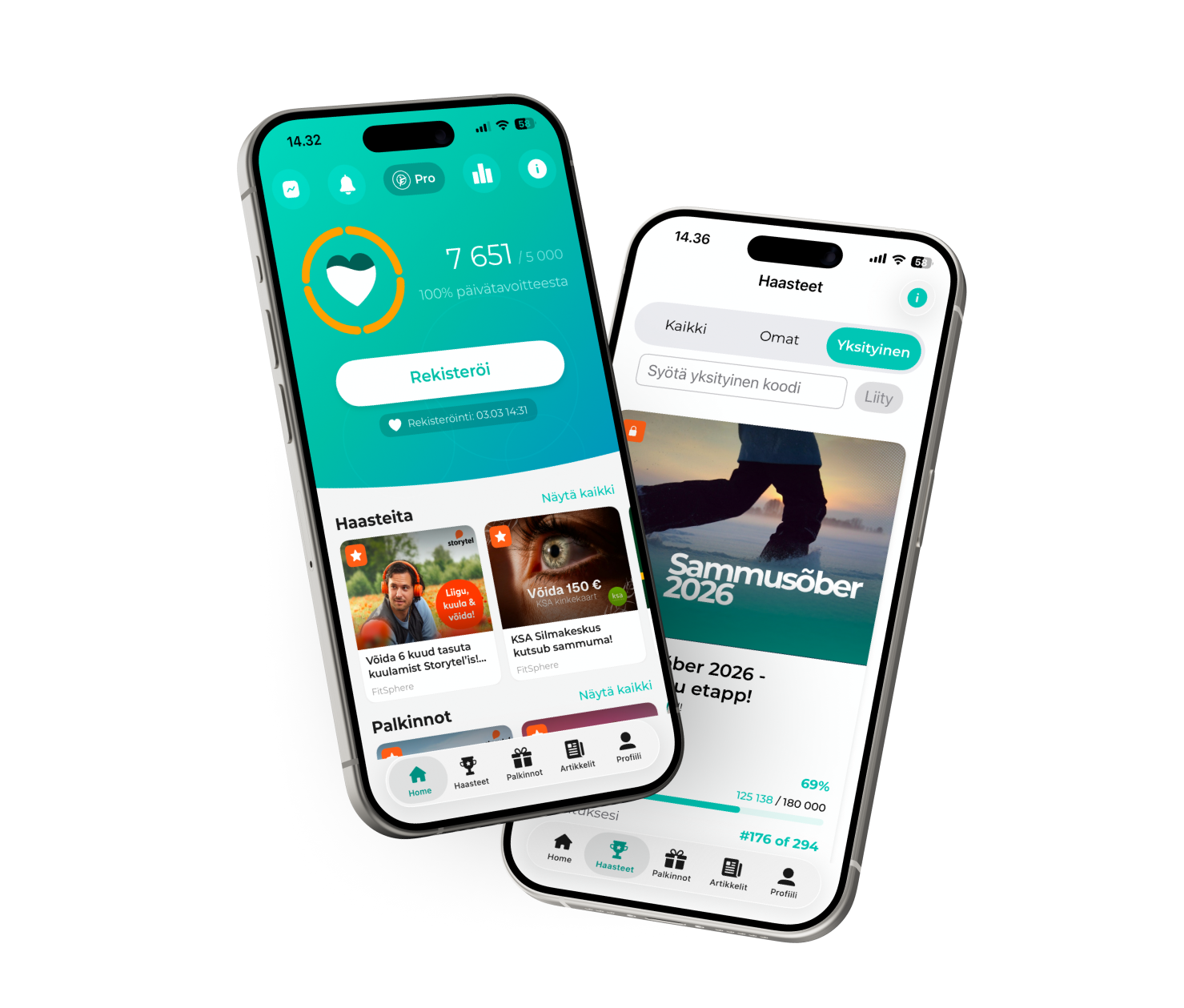 Kaks nutitelefoni FitSphere äpi ekraanidega: avakuva sammude arvestusega ja privaatse väljakutsega liitumise ekraan