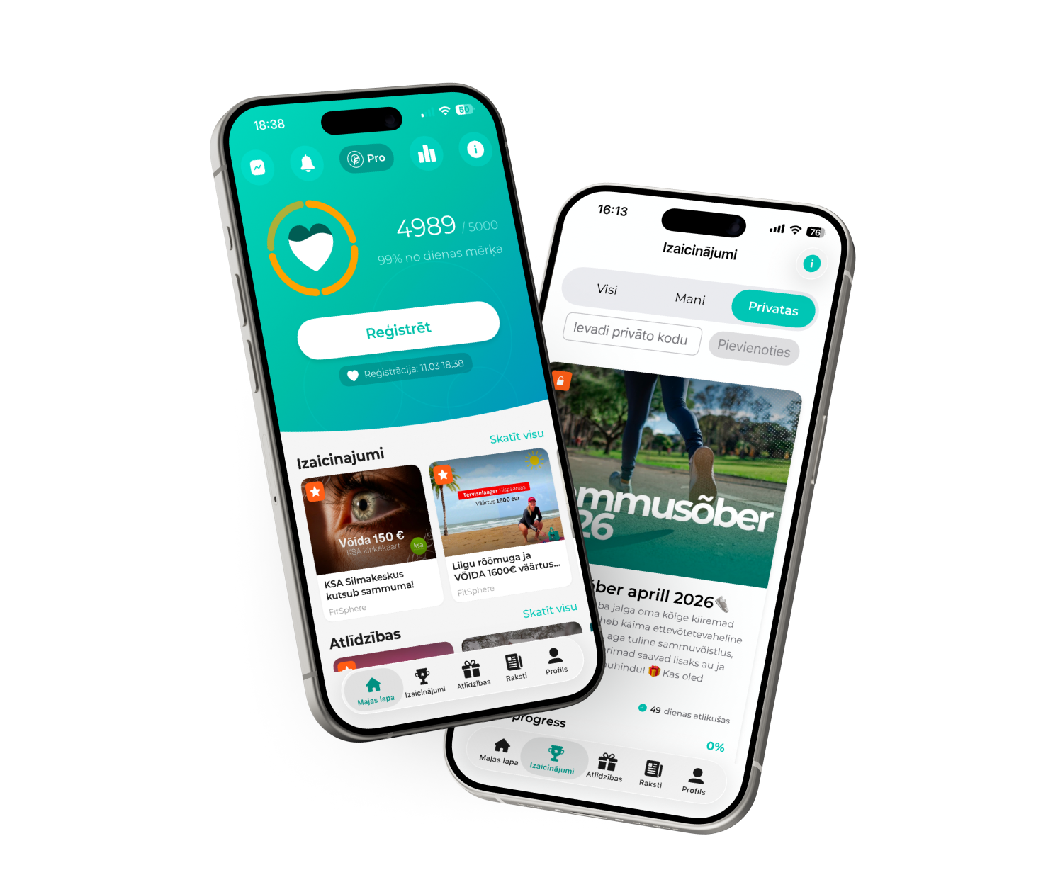 Kaks nutitelefoni FitSphere äpi ekraanidega: avakuva sammude arvestusega ja privaatse väljakutsega liitumise ekraan