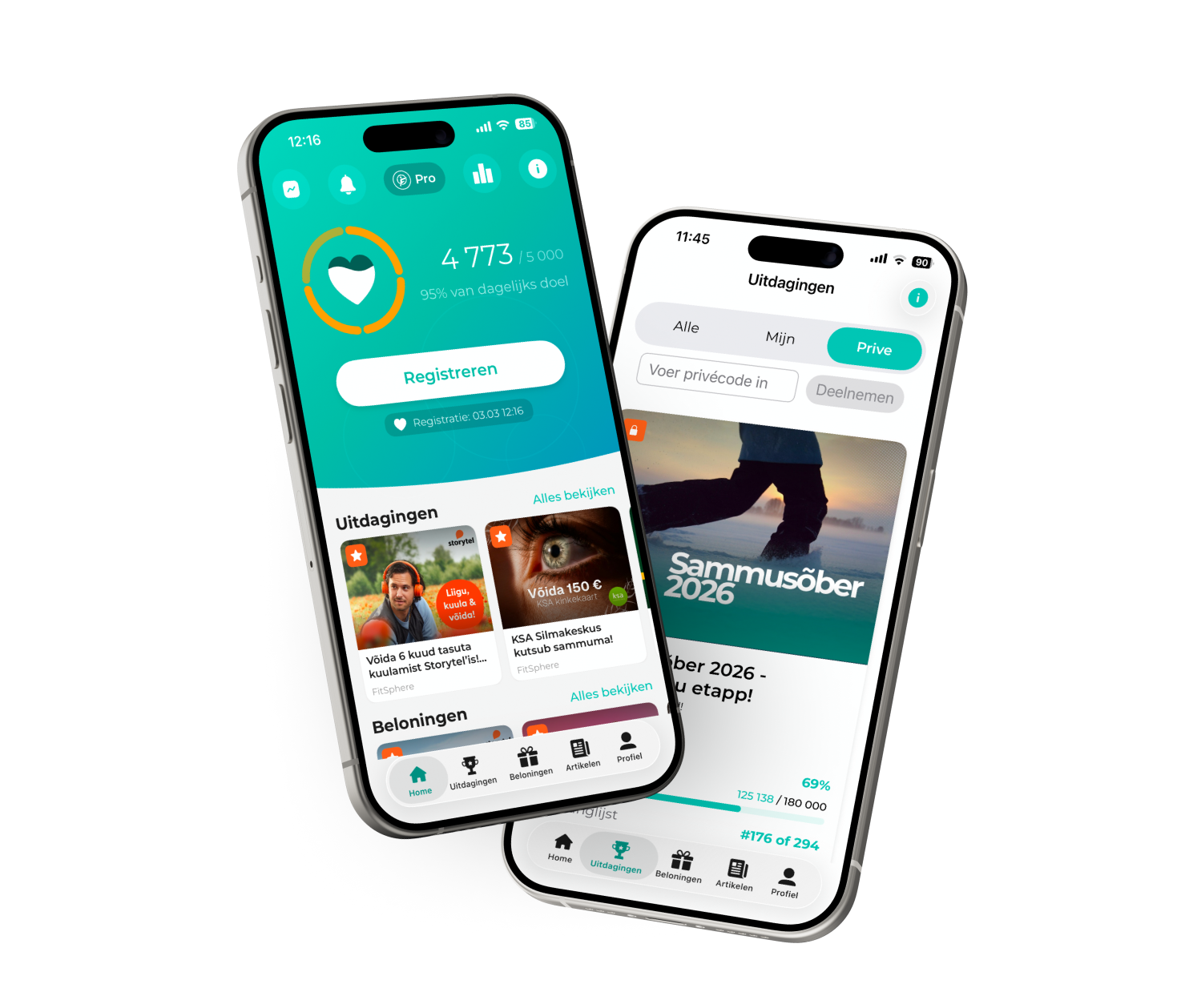 Kaks nutitelefoni FitSphere äpi ekraanidega: avakuva sammude arvestusega ja privaatse väljakutsega liitumise ekraan