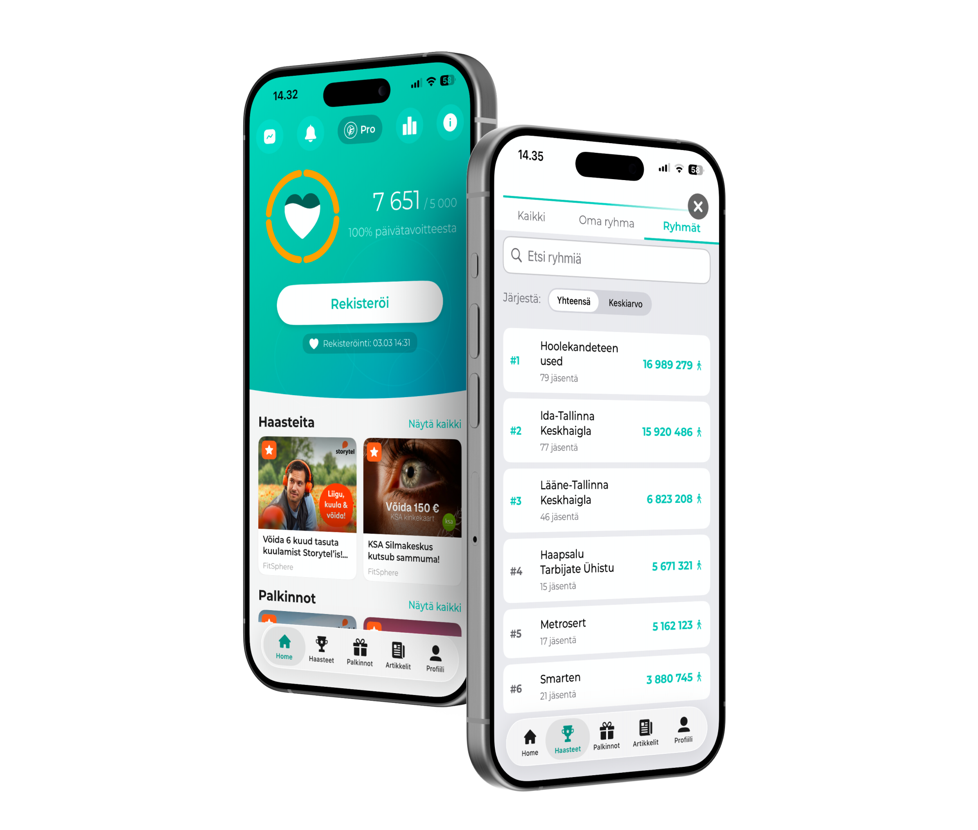 Kaks nutitelefoni FitSphere äpi ekraanidega: avakuva sammude arvestusega ja grupidevaheline edetabel