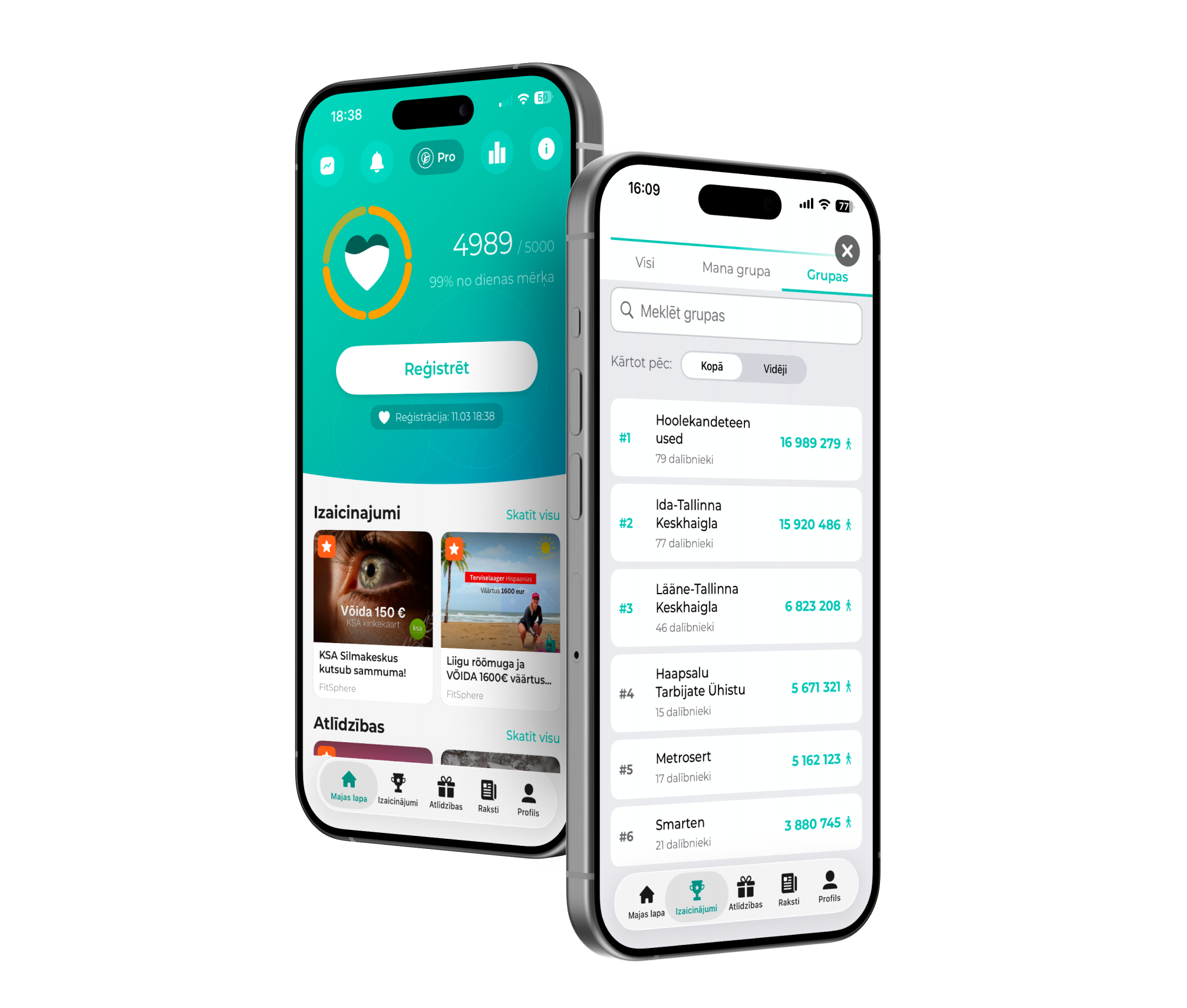 Kaks nutitelefoni FitSphere äpi ekraanidega: avakuva sammude arvestusega ja grupidevaheline edetabel