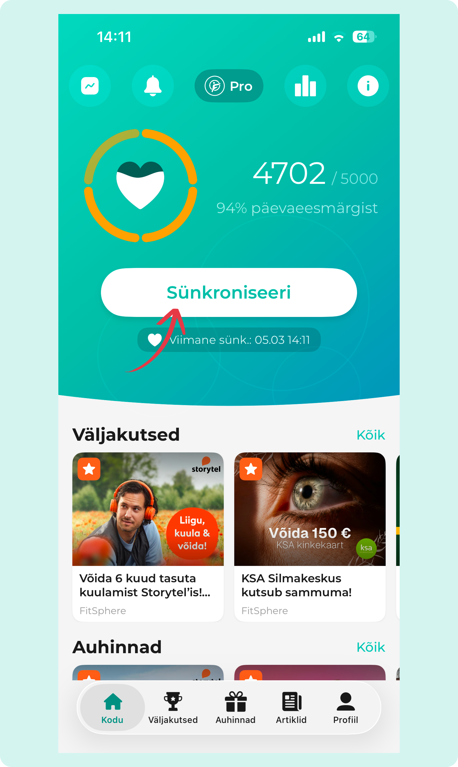Ekraanipilt: andmete sünkroniseerimine FitSphere äpis