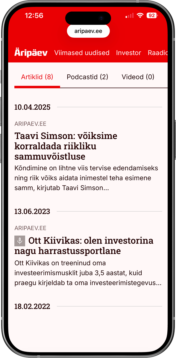 Äripäeva veebileht nutitelefoni ekraanil