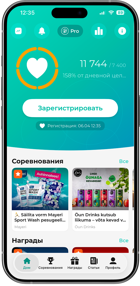 FitSphere äpi avakuva Sünkroniseeri nupuga sammude, minutite ja kalorite arvestuse uuendamiseks