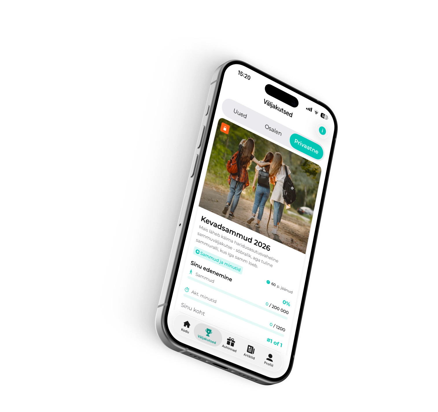 FitSphere rakendus nutitelefonis, kus on näha Kevadsammud 2026 väljakutse leht sammude ja aktiivsusminutite edenemisribaga