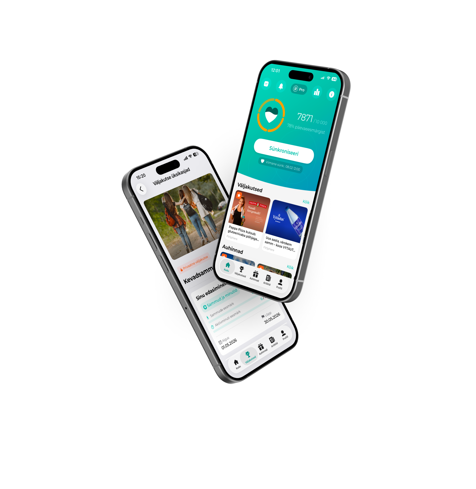 Kaks nutitelefoni FitSphere rakendusega — esiplane Kevadsammud 2026 väljakutse üksikasjade vaade, taustal rakenduse avaleht sammude loenduri ja väljakutsetega
