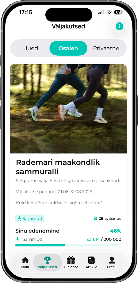 FitSphere'i rakenduse ekraanivaade „Rademari maakondlik sammuralli" väljakutsega, kus on näha kasutaja edenemine 46% ja 93 614 sammu kogusummast 200 000.